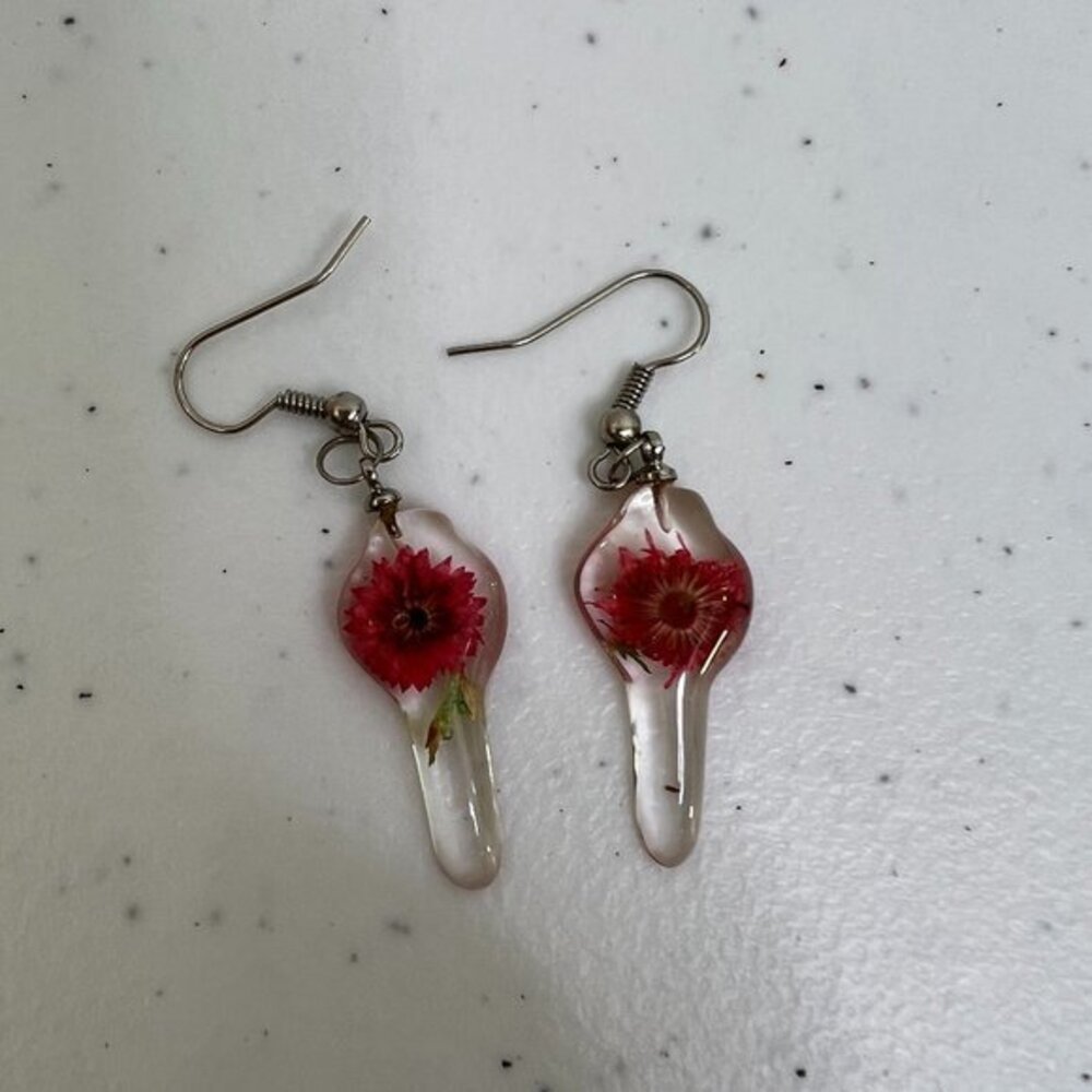 Pink Flower Earrings‎ Real Resin Clear Dangle Artisan Art Silver Tone